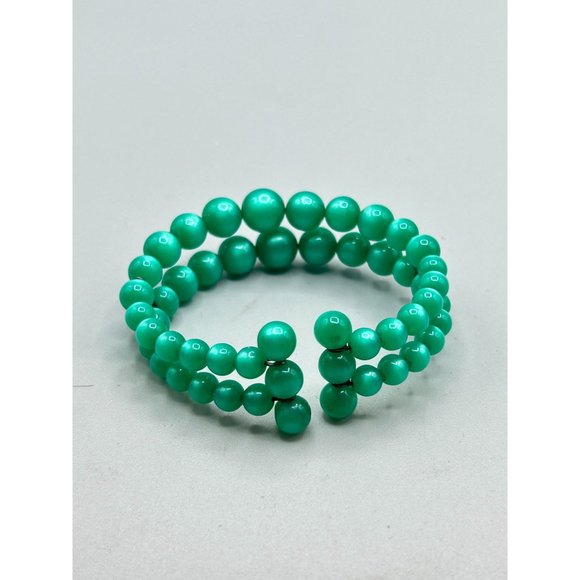 Vintage Green Moonglow Lucite Bracelet Beaded Double Cuff Early Plastic Bracelet - Picture 5 of 5